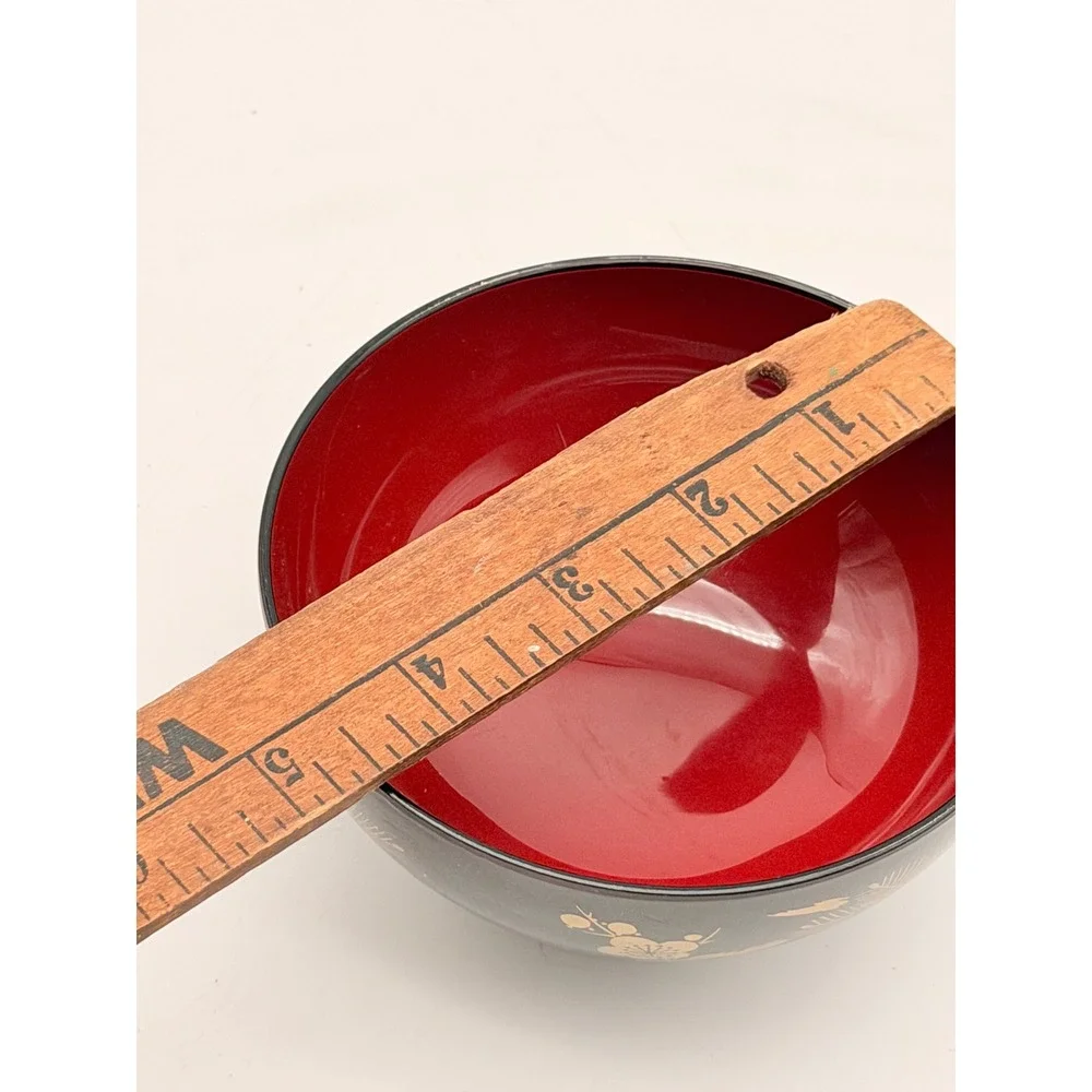Japanese Lacquerware Miso Soup Bowl Red Gold Floral Pine Branch Design 4.75in